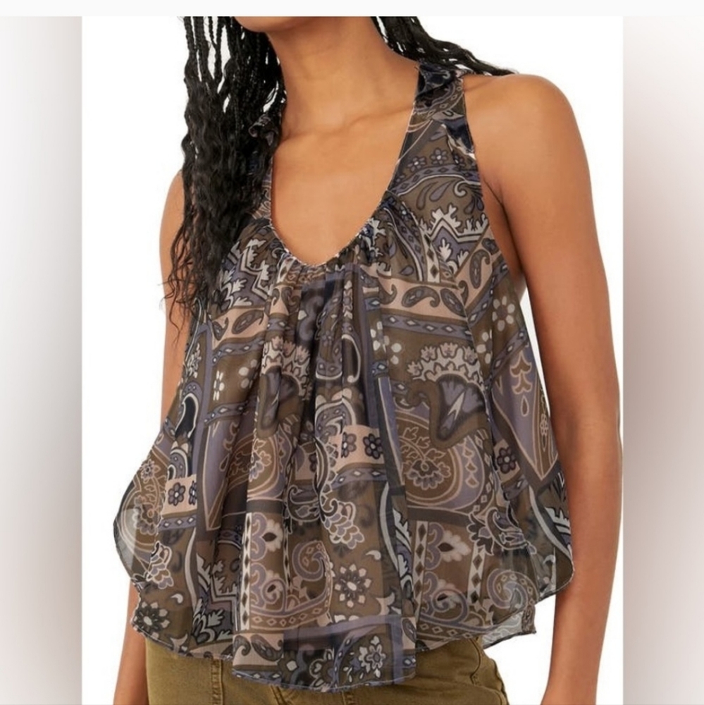 Free People Brown and Gray Paisley Halter Tank